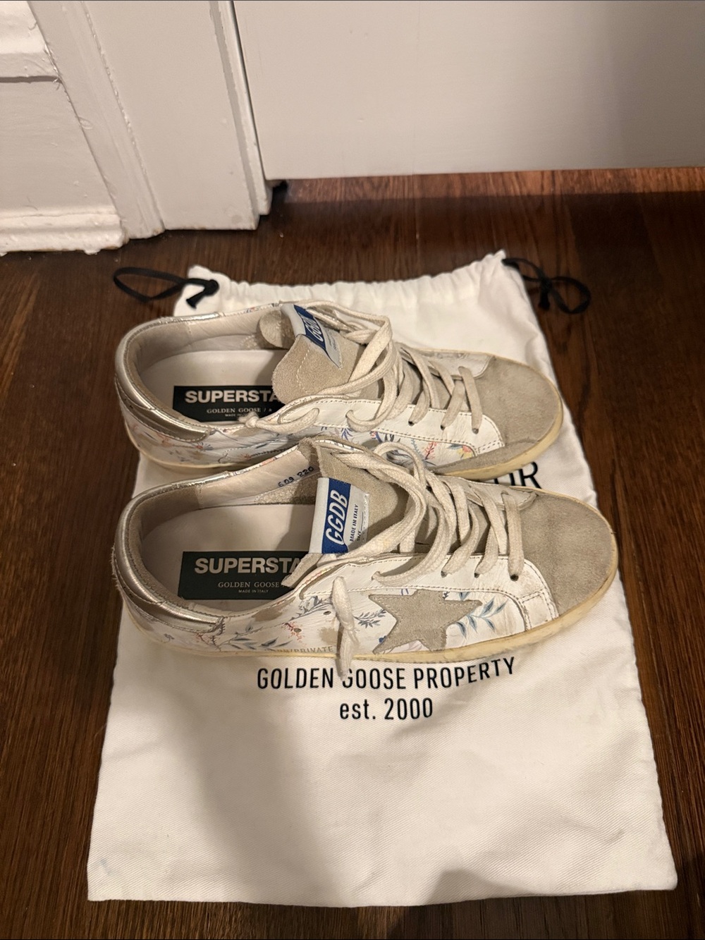 Golden Goose Superstar Sneakers in White, Beige and Metallic Gold Floral